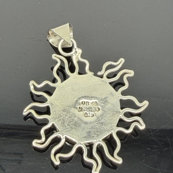 Sterling Silver Mexico Sun Ray Moon Face Eclipse Celestial Pendant Fire Opal 925 - Picture 6 of 6